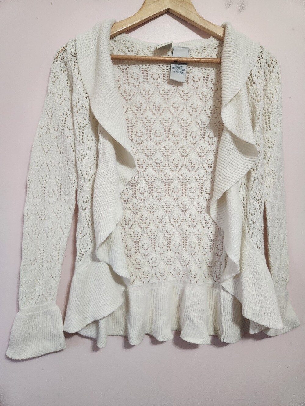 Vintage Y2K 725 Originals Cream Ruffle Crochet Knit Fairycore Tie Cardigan M